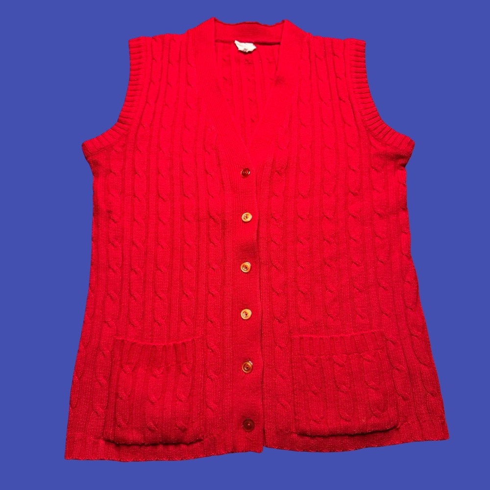 Vintage 70s Montgomery Ward Womens Sweater Vest L Red Cable Knit Cardigan